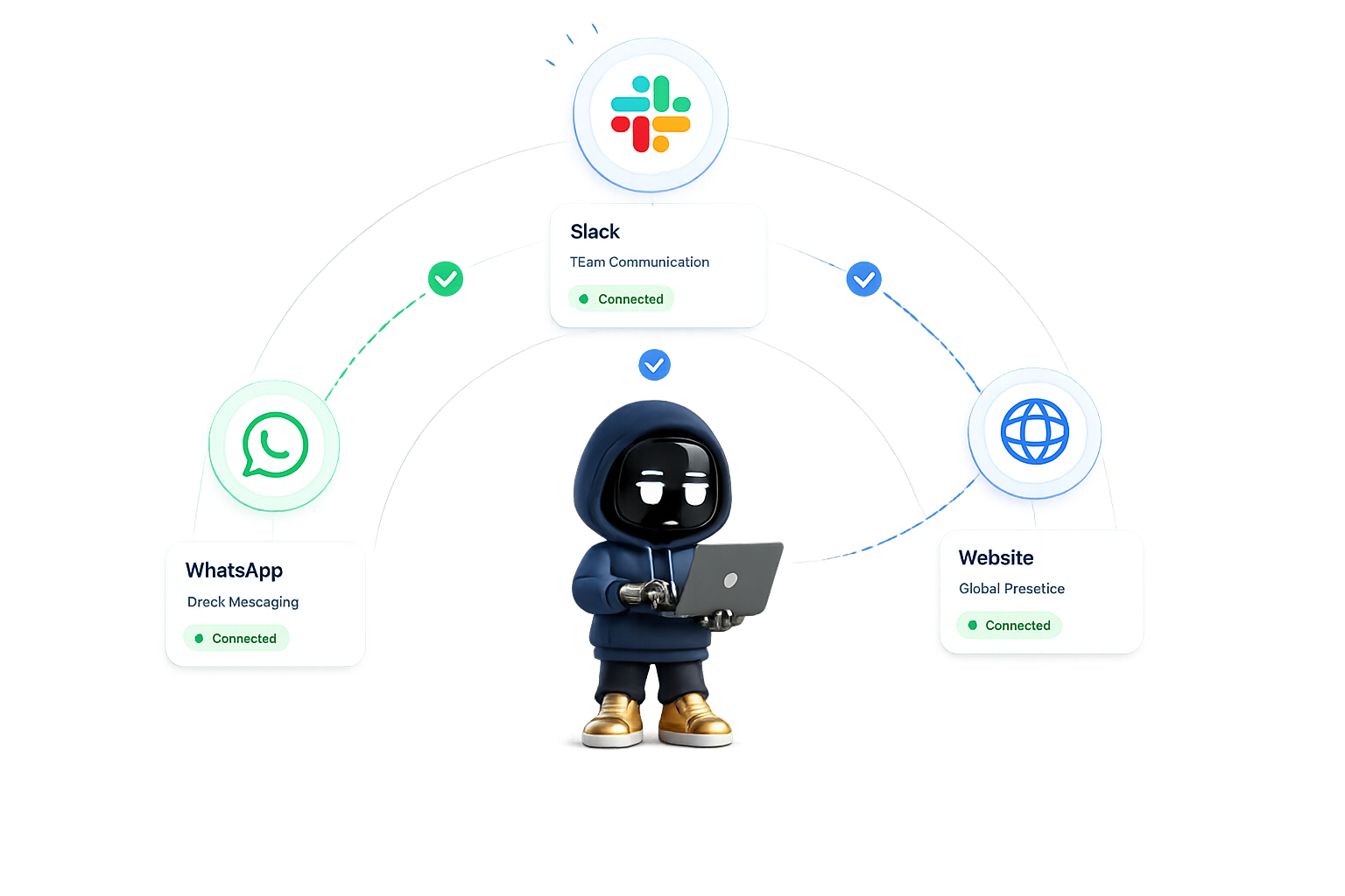 One bot connected across website, WhatsApp, and Slack channels